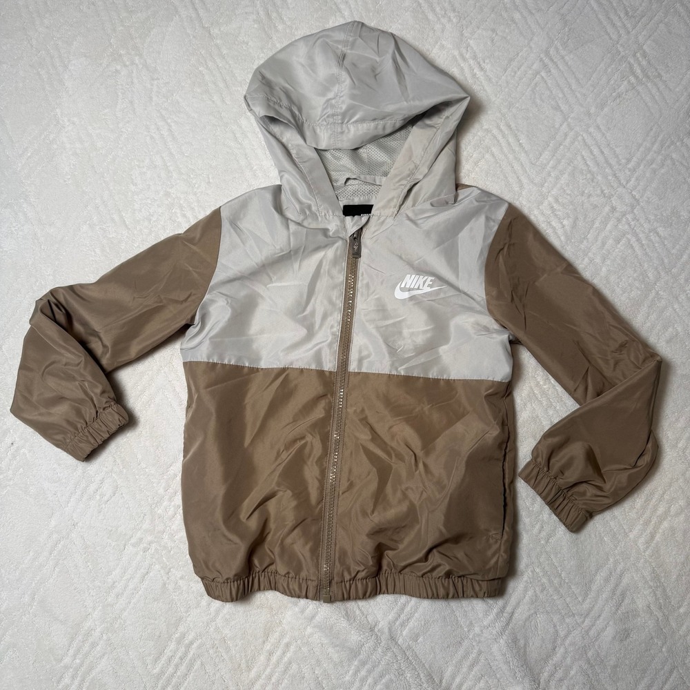 Sporty Colorblock Nike Kids Hooded Windbreaker Jacket Size 6 Taupe Gray